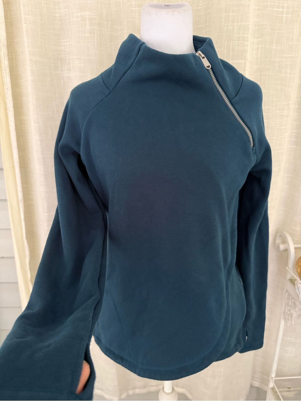 Athleta Cozy Karma Asym Pullover XS Teal Blue Fleece Funnel Neck Sweatshirt